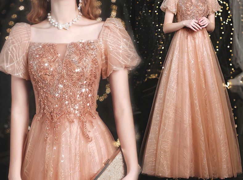 Gown Puff-Sleeve Evening A-Line Sequined