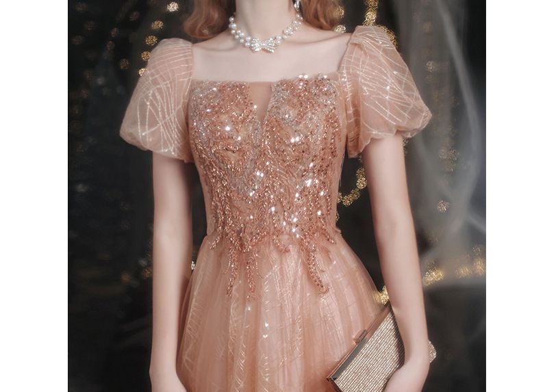 Gown Puff-Sleeve Evening A-Line Sequined