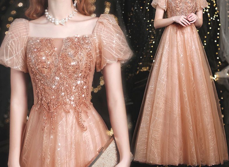 Gown Puff-Sleeve Evening A-Line Sequined