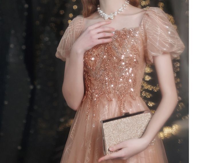 Gown Puff-Sleeve Evening A-Line Sequined