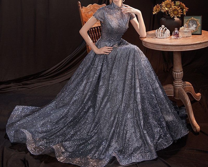 Evening Gown Short-Sleeve Glitter A-Line