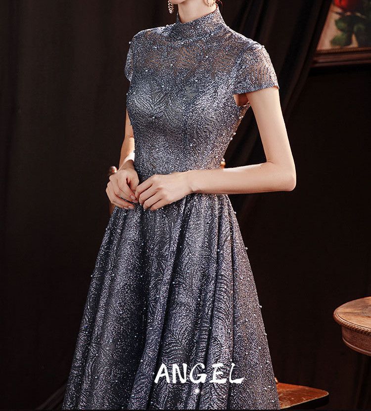 Evening Gown Short-Sleeve Glitter A-Line