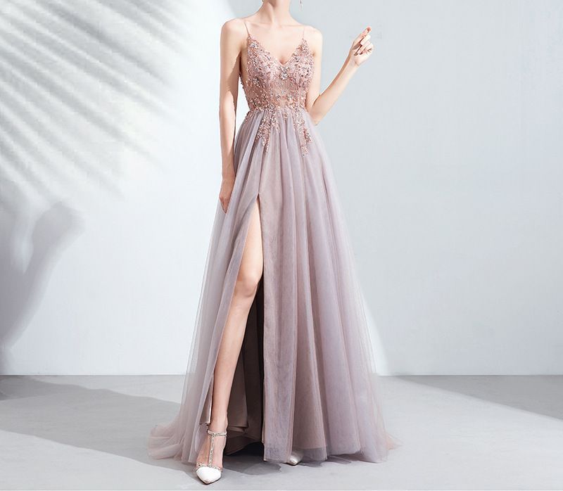 Embroidered Floral Evening Spaghetti A-Line Strap Gown