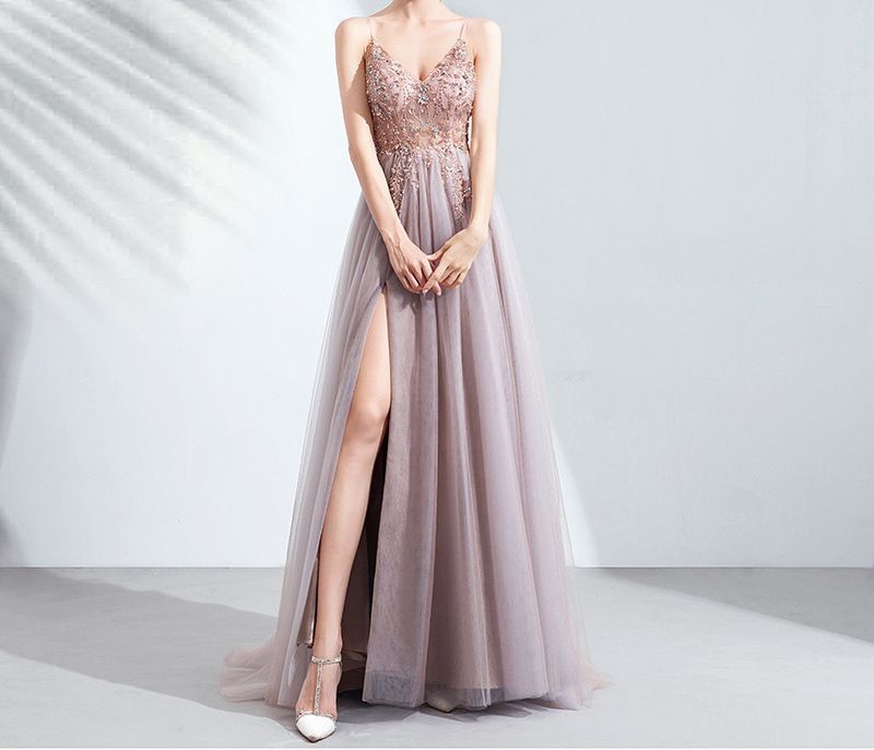 Embroidered Floral Evening Spaghetti A-Line Strap Gown