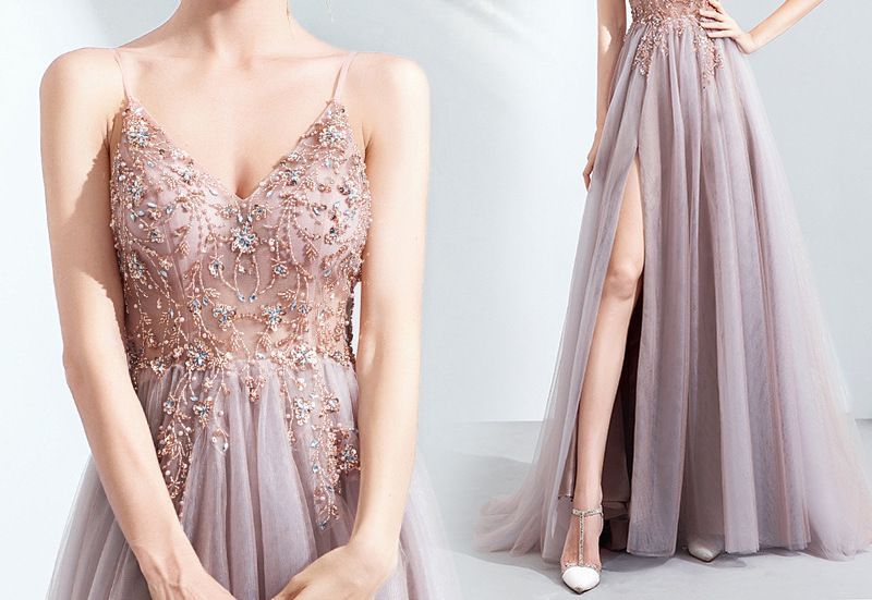 Embroidered Floral Evening Spaghetti A-Line Strap Gown