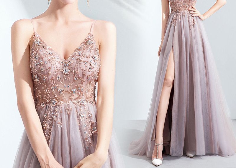 Embroidered Floral Evening Spaghetti A-Line Strap Gown