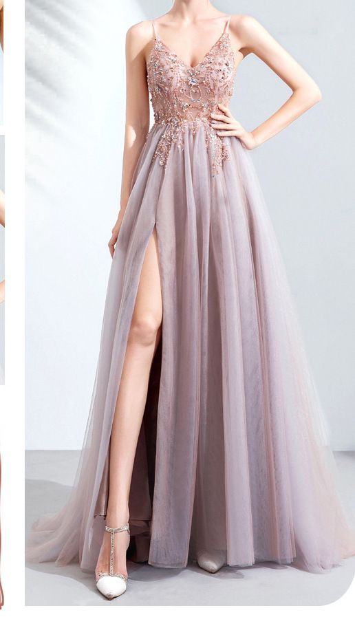 Embroidered Floral Evening Spaghetti A-Line Strap Gown