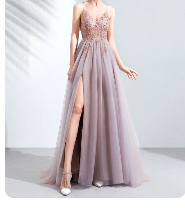 Embroidered Floral Evening Spaghetti A-Line Strap Gown