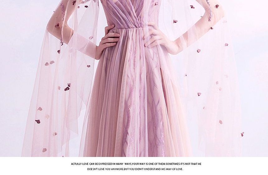 Gown A-Line Evening Mesh Cape-Sleeve