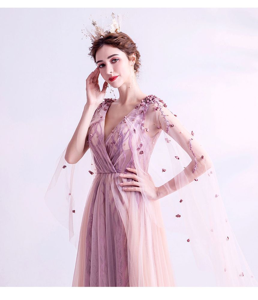 Gown A-Line Evening Mesh Cape-Sleeve