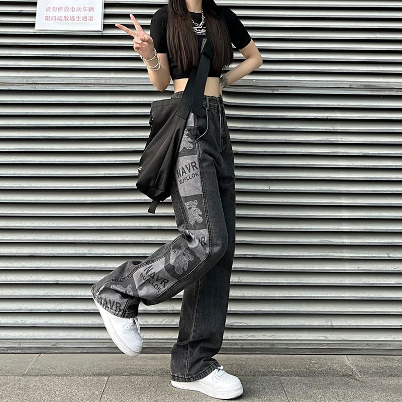Print Waist Graphic Jeans High Baggy