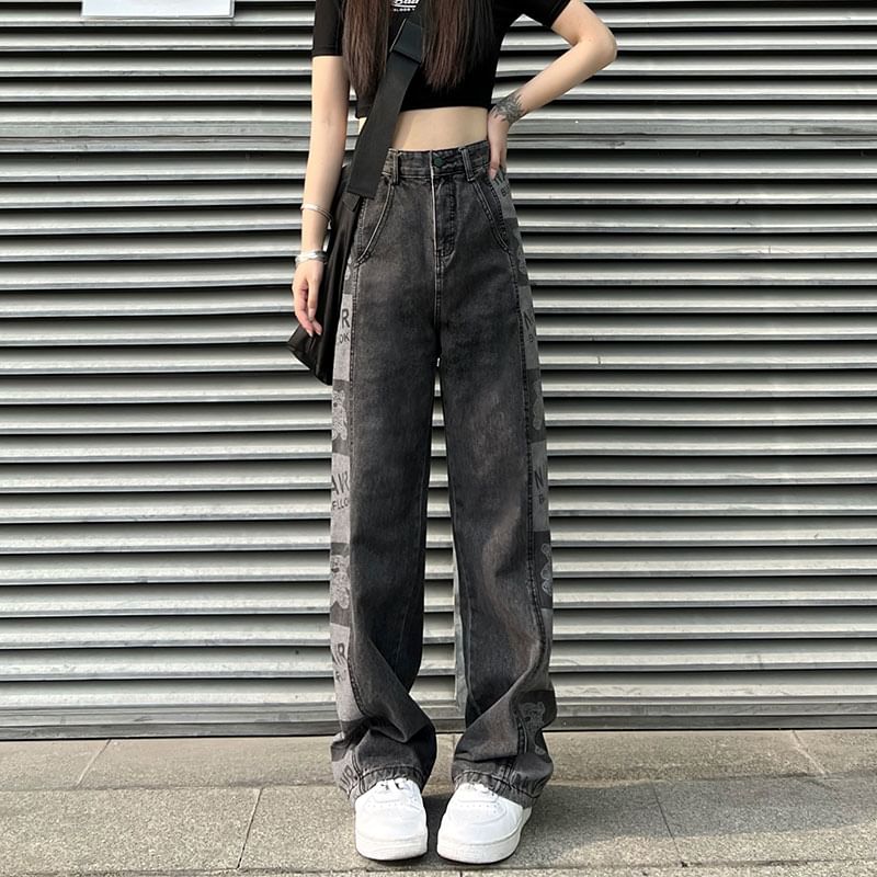 Print Waist Graphic Jeans High Baggy