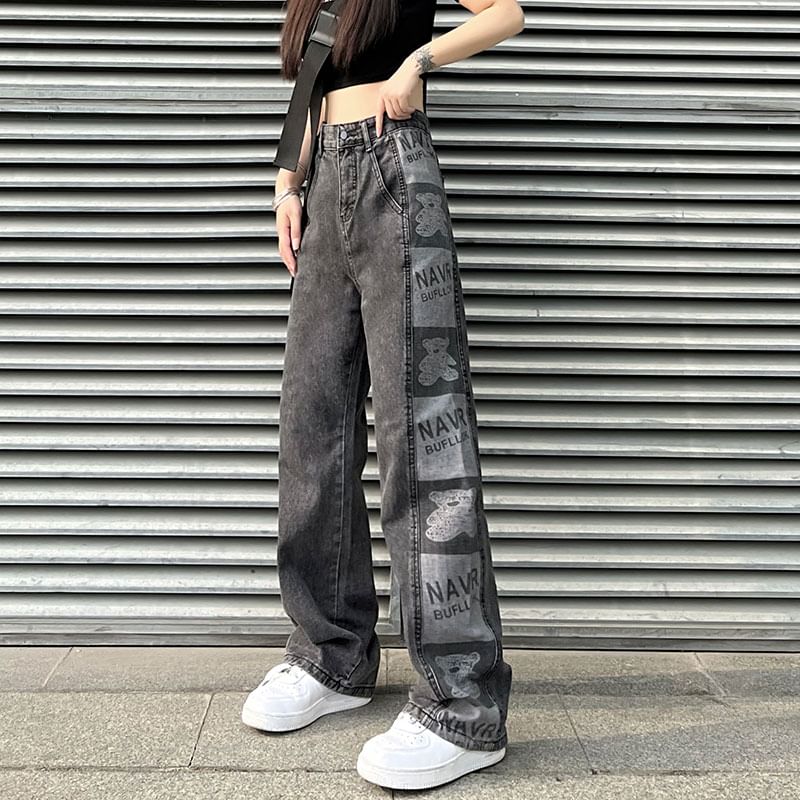Print Waist Graphic Jeans High Baggy