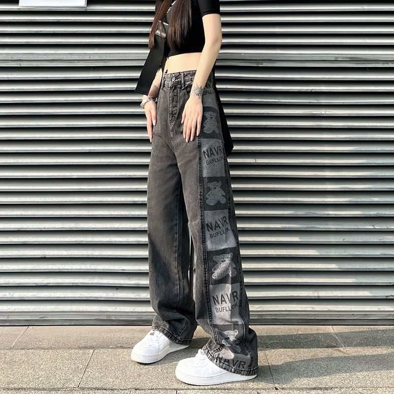 Print Waist Graphic Jeans High Baggy