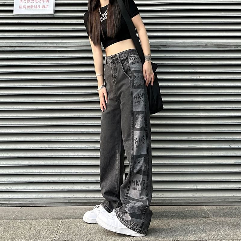 Print Waist Graphic Jeans High Baggy
