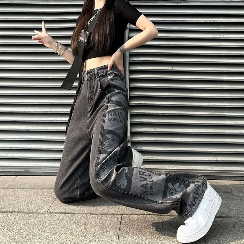 Print Waist Graphic Jeans High Baggy