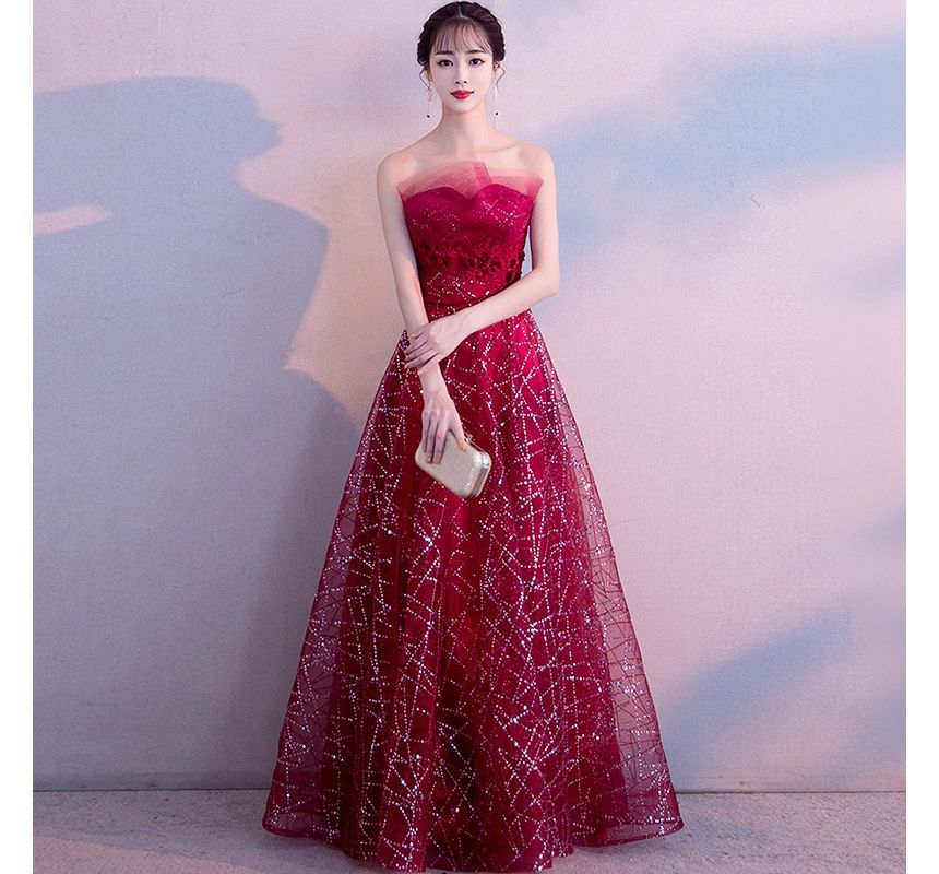 Gown Mesh Evening Glitter Maxi Strapless