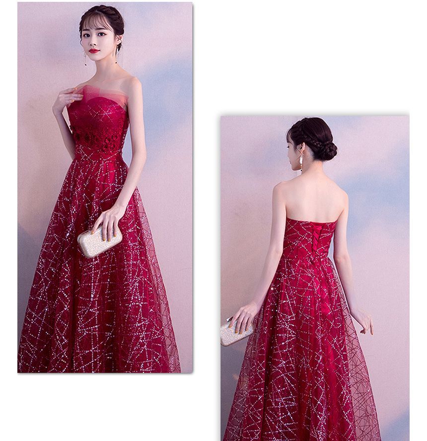 Gown Mesh Evening Glitter Maxi Strapless