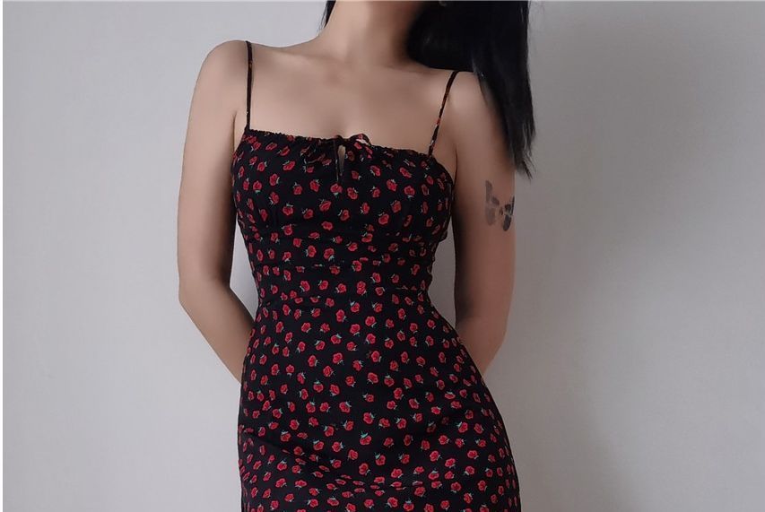 Spaghetti Rose Strap Floral / Mini Midi Dress Sleeveless Slim-Fit Print