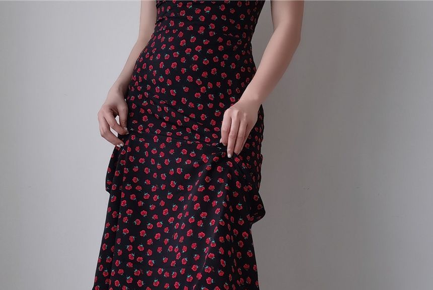 Spaghetti Rose Strap Floral / Mini Midi Dress Sleeveless Slim-Fit Print