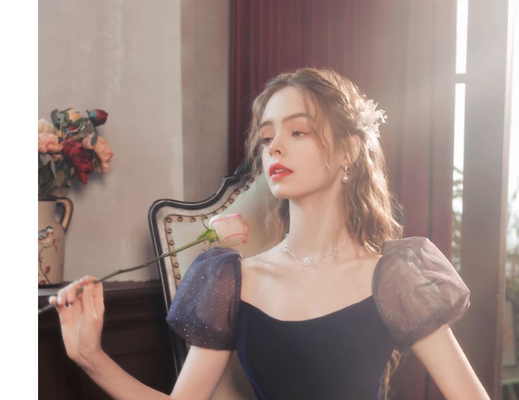 Mesh Gown Short-Sleeve Glitter Evening