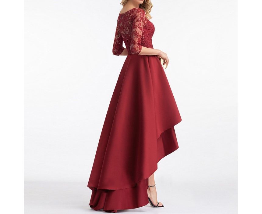 Panel Lace A-Line Asymmetrical Gown Elbow-Sleeve Evening