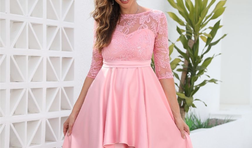 Panel Lace A-Line Asymmetrical Gown Elbow-Sleeve Evening