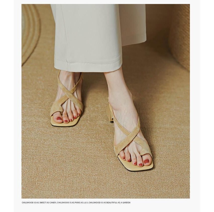 Cross Square-Toe Sandals Heel Strap Chunky
