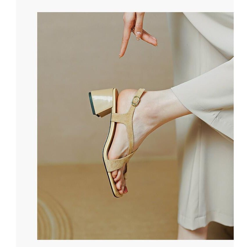 Cross Square-Toe Sandals Heel Strap Chunky