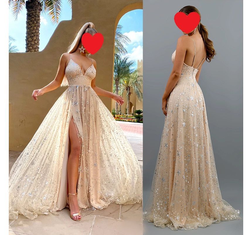 A-Line Gown Star Evening Spaghetti-Strap Print