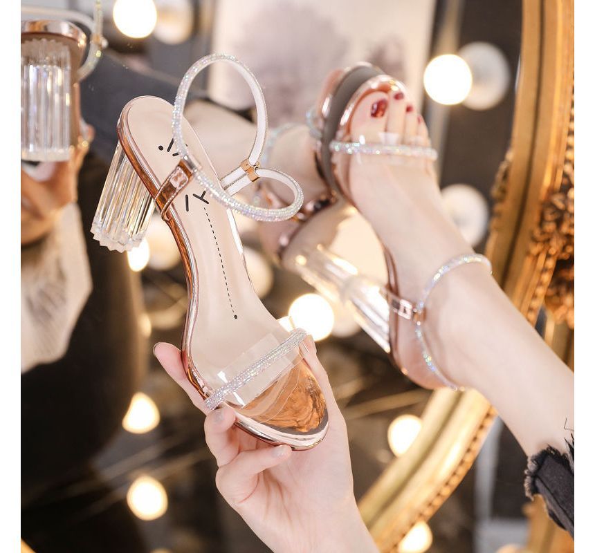 Sandals Chunky-Heel Rhinestone Ankle-Strap