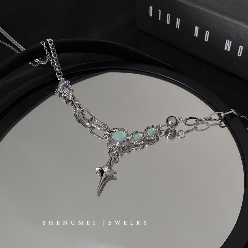 Stainless Rhinestone Pendant Star Moonstone Steel Necklace