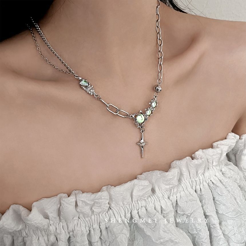 Stainless Rhinestone Pendant Star Moonstone Steel Necklace