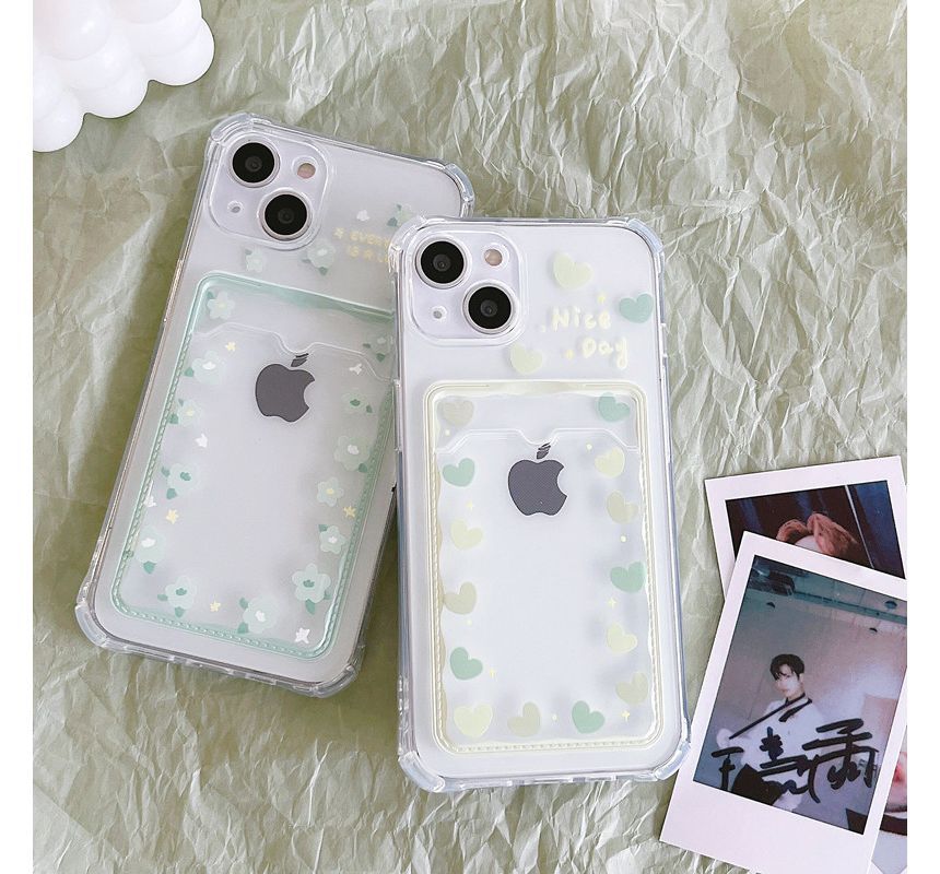 Phone Transparent Case Holder Flower Heart Print Card /
