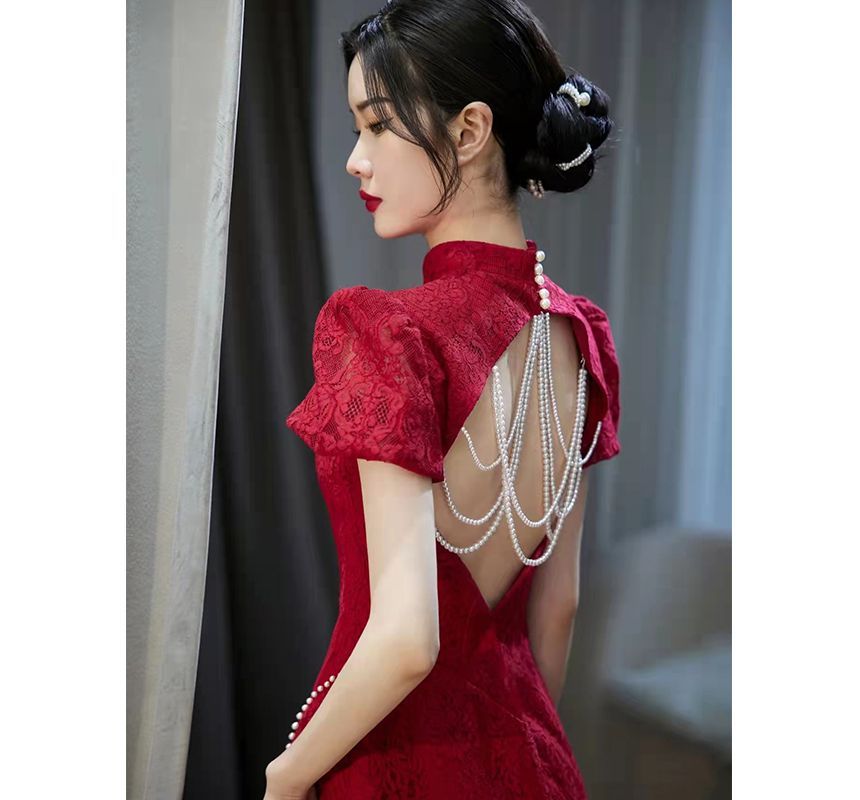 Chained Faux Puff-Sleeve Evening Pearl Mermaid Back Gown