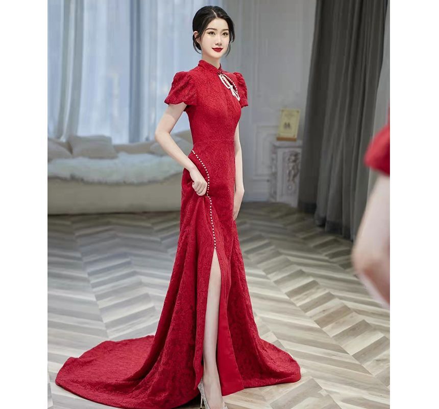 Chained Faux Puff-Sleeve Evening Pearl Mermaid Back Gown