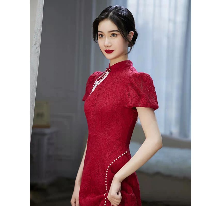 Chained Faux Puff-Sleeve Evening Pearl Mermaid Back Gown