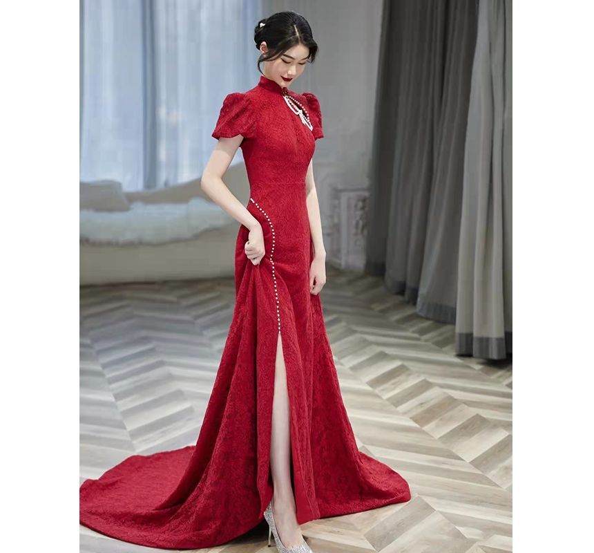 Chained Faux Puff-Sleeve Evening Pearl Mermaid Back Gown