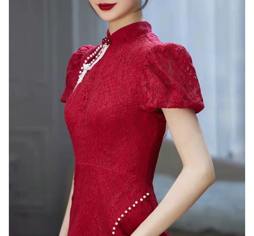 Chained Faux Puff-Sleeve Evening Pearl Mermaid Back Gown