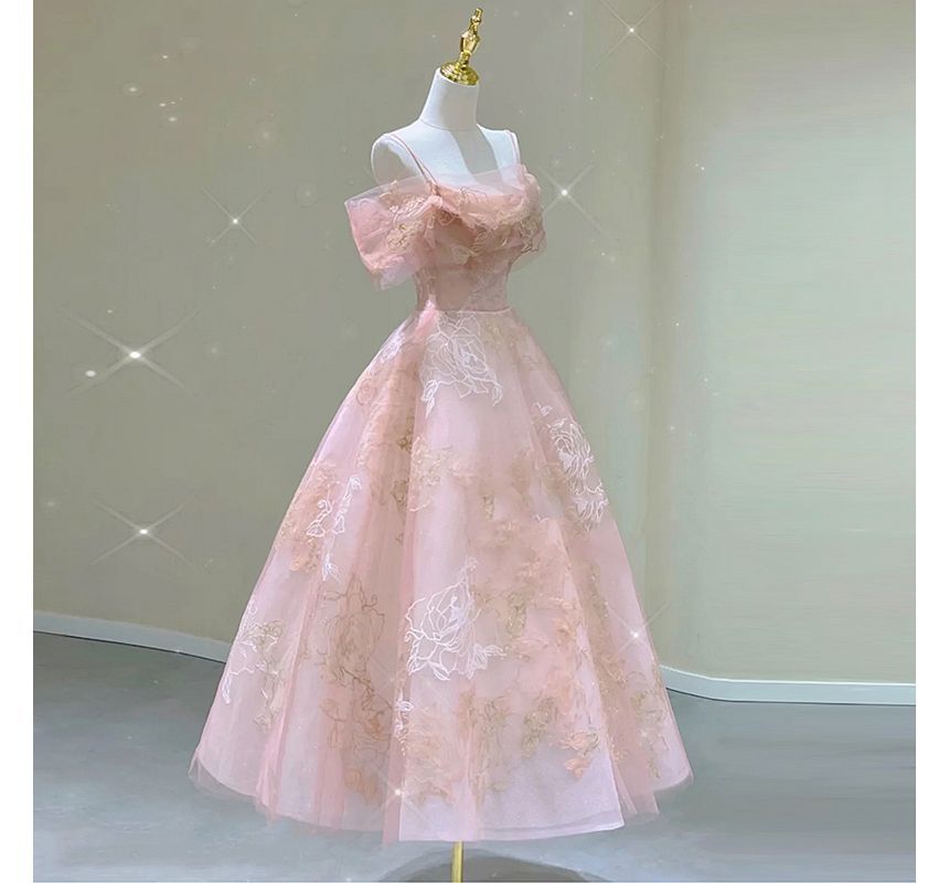 Evening Gown A-Line Floral Print Cold-Shoulder