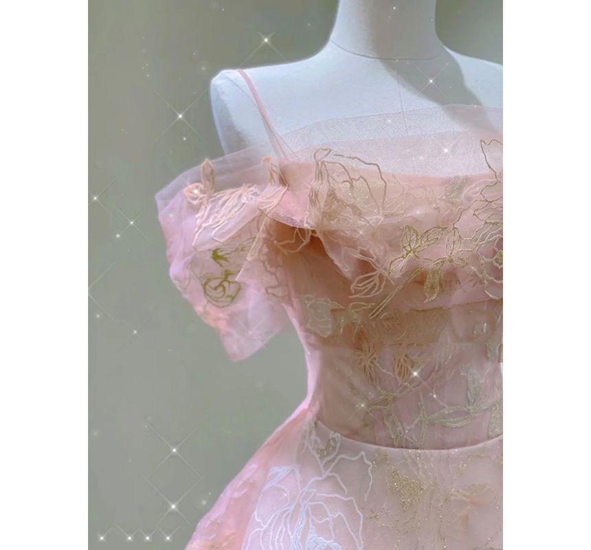 Evening Gown A-Line Floral Print Cold-Shoulder