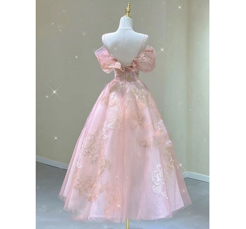 Evening Gown A-Line Floral Print Cold-Shoulder