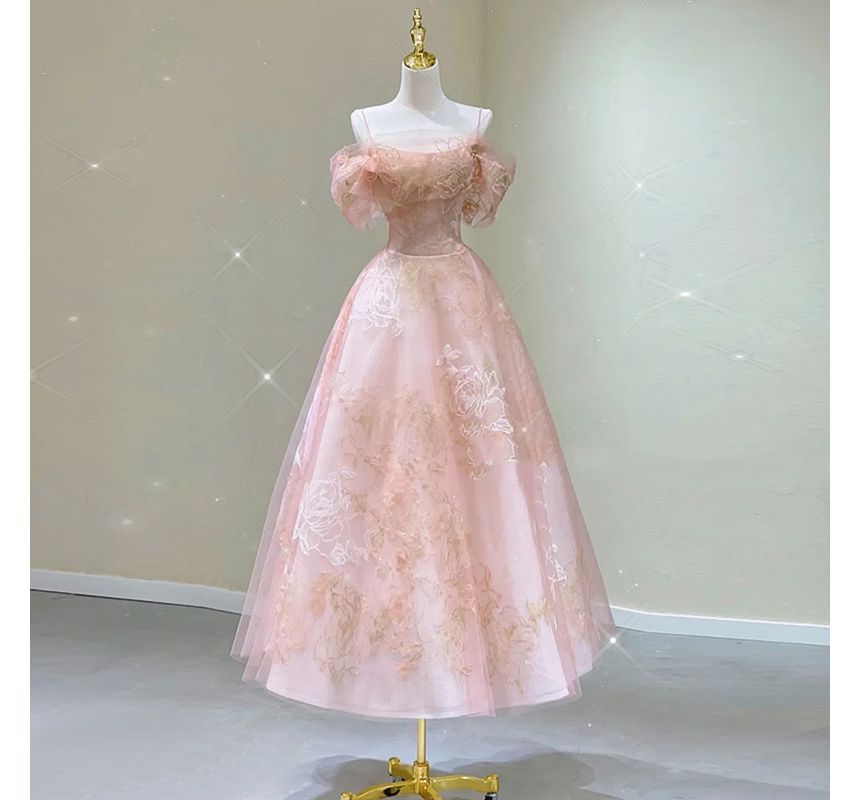 Evening Gown A-Line Floral Print Cold-Shoulder