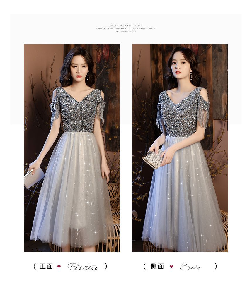 Shoulder Maxi Prom Cold Sequin Dress