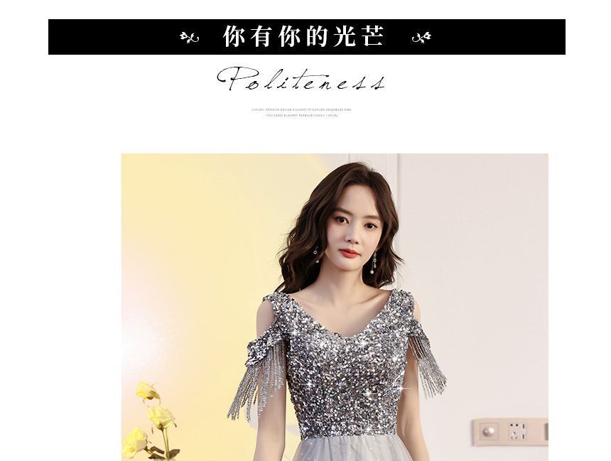 Shoulder Maxi Prom Cold Sequin Dress