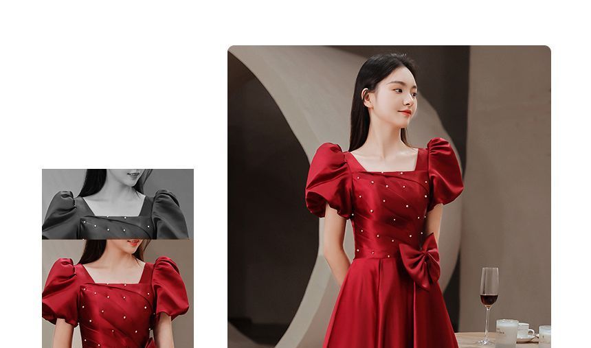 A-Line Puff-Sleeve (Various Designs) Bow Prom Embellished Dress