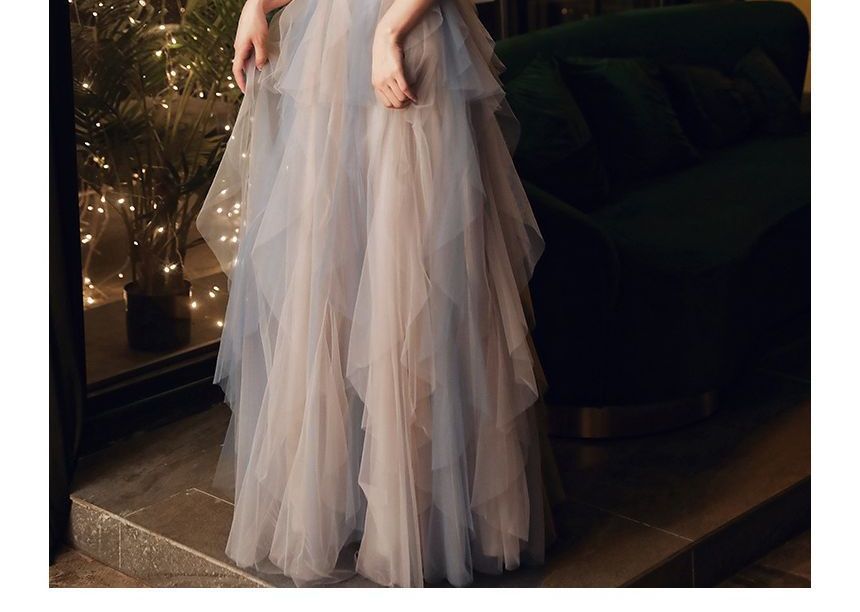 Short-Sleeve Gown Evening Mesh A-Line