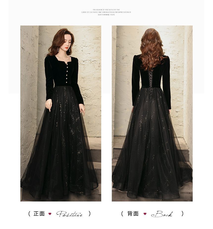 Evening Long-Sleeve A-Line Gown Sequin