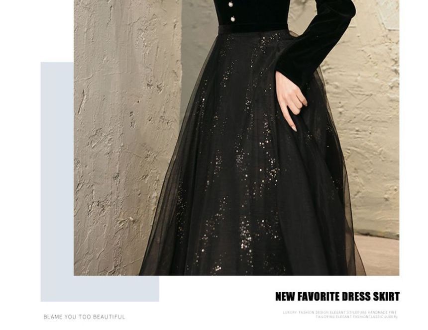 Evening Long-Sleeve A-Line Gown Sequin