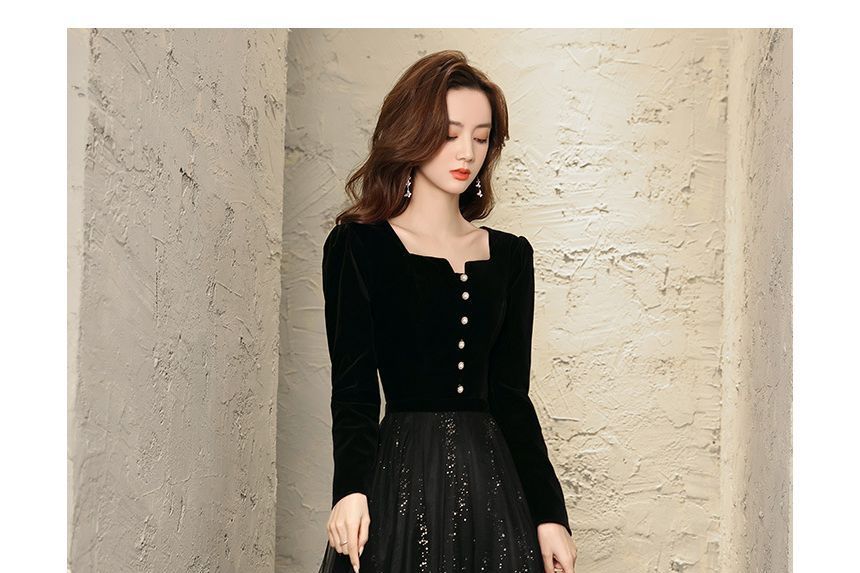 Evening Long-Sleeve A-Line Gown Sequin